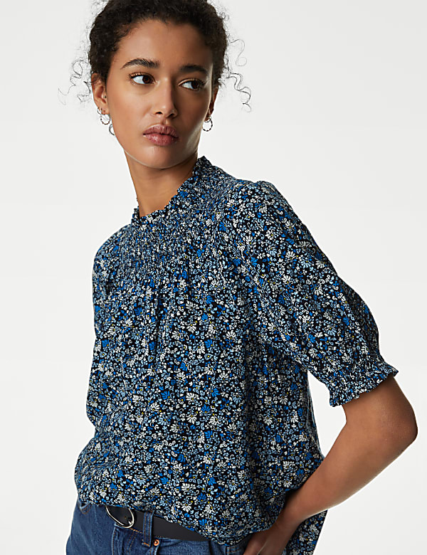 Cotton Blend Printed Smocked Blouse