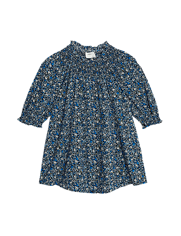 Cotton Blend Printed Smocked Blouse