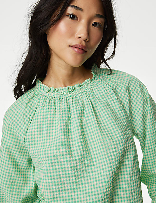 Buy Pure Cotton Gingham Ruffle Blouse at Marks Spencer
