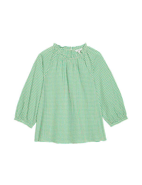 Pure Cotton Gingham Ruffle Blouse