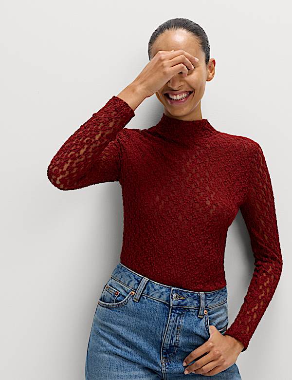 Cotton Blend Lace High Neck Top