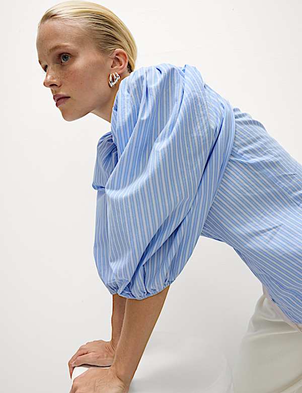 Pure Cotton Puff Sleeve Button Through Blouse