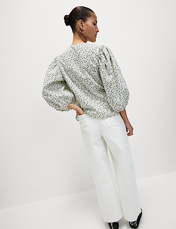 Pure Cotton Puff Sleeve Button Through Blouse - US