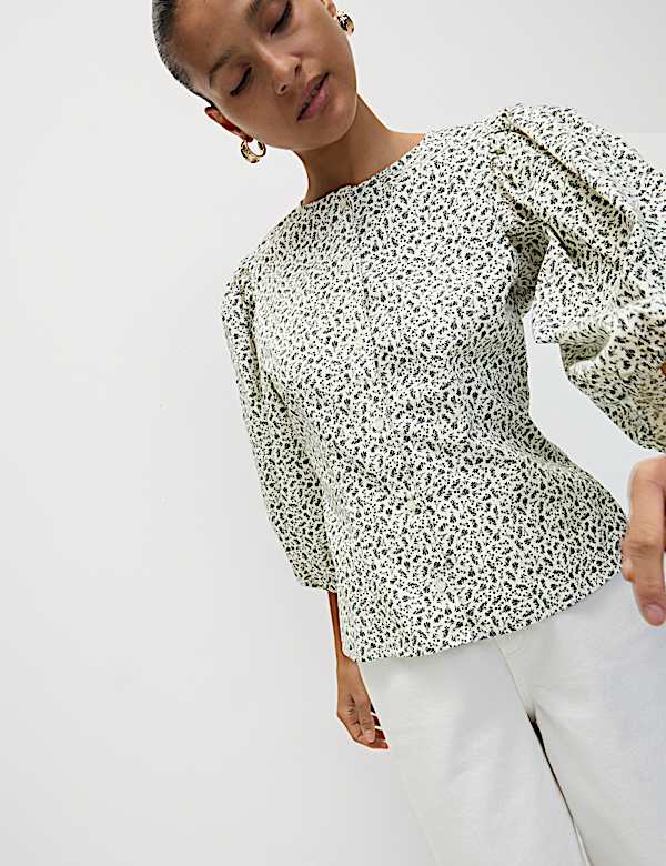 Pure Cotton Puff Sleeve Button Through Blouse - US