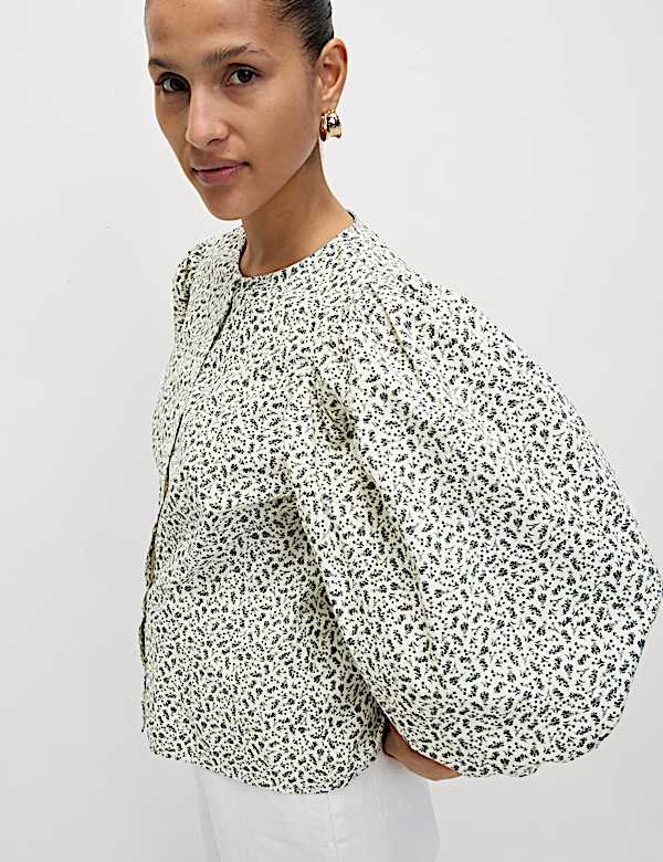 Pure Cotton Puff Sleeve Button Through Blouse - US