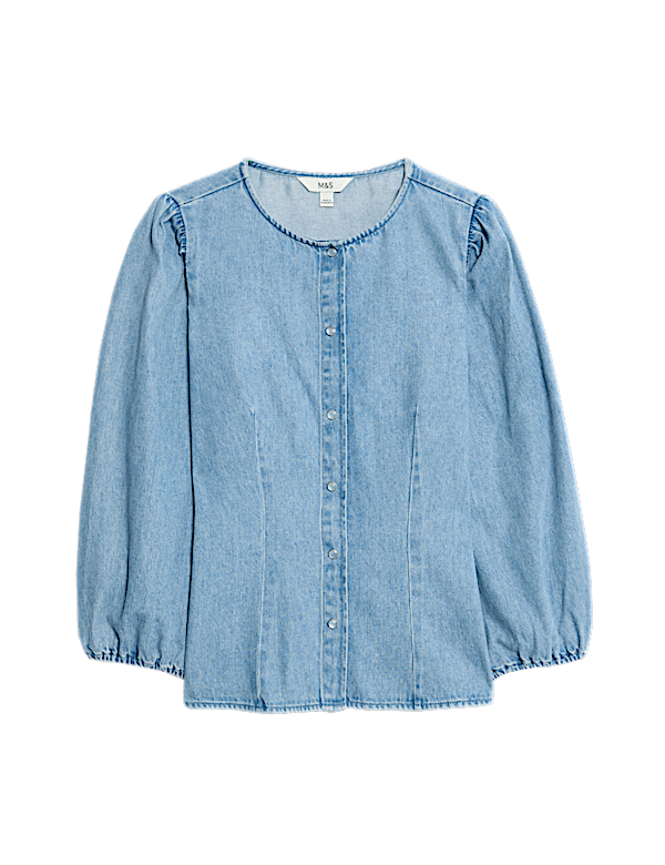 Denim Button Through Puff Sleeve Blouse