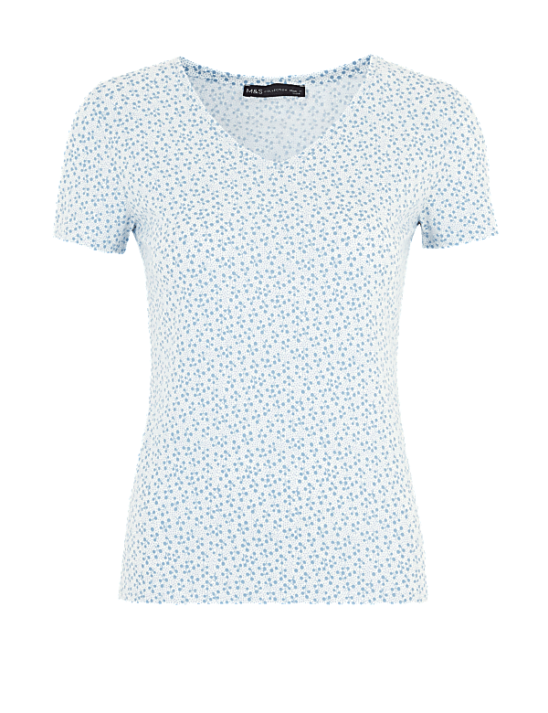 Cotton Ditsy Print V-Neck Fitted Top
