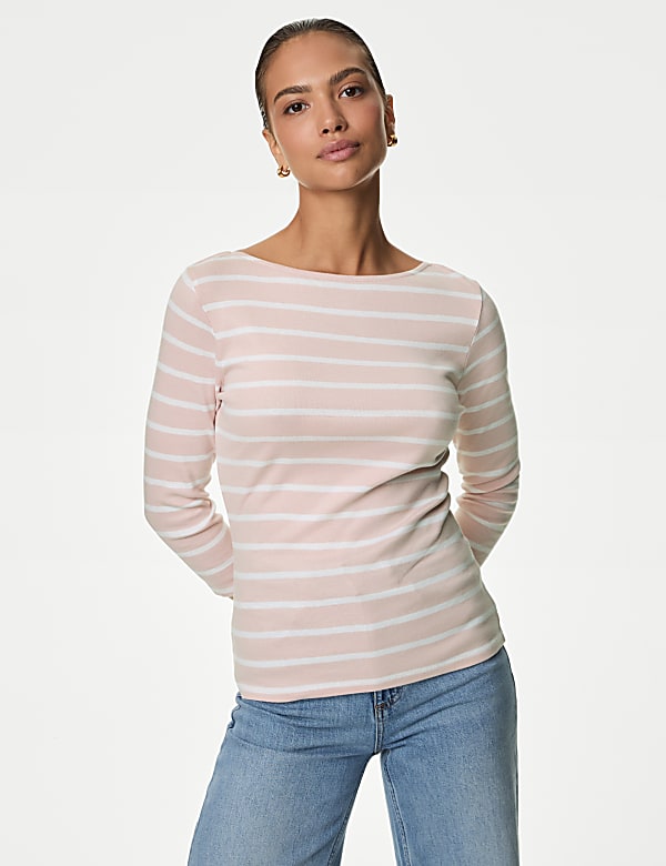 Pure Cotton Striped Slash Neck Slim Fit Top