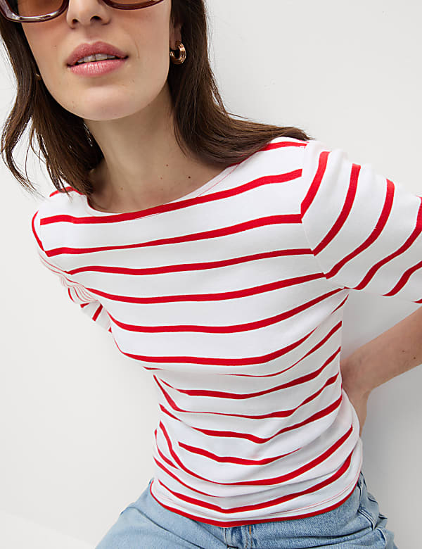 Pure Cotton Striped Slash Neck Slim Fit Top