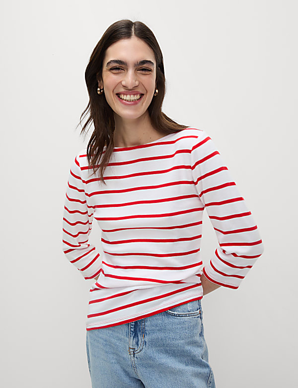 Pure Cotton Striped Slash Neck Slim Fit Top