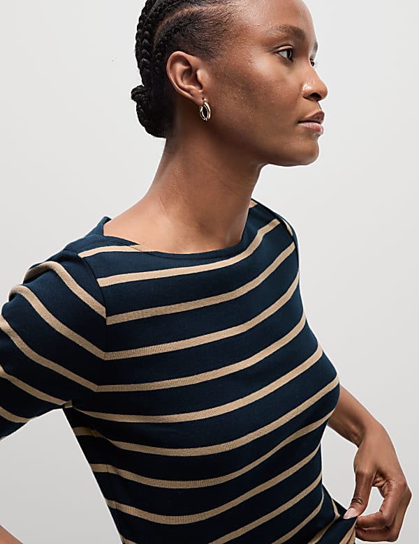 Pure Cotton Striped Slash Neck Slim Fit Top