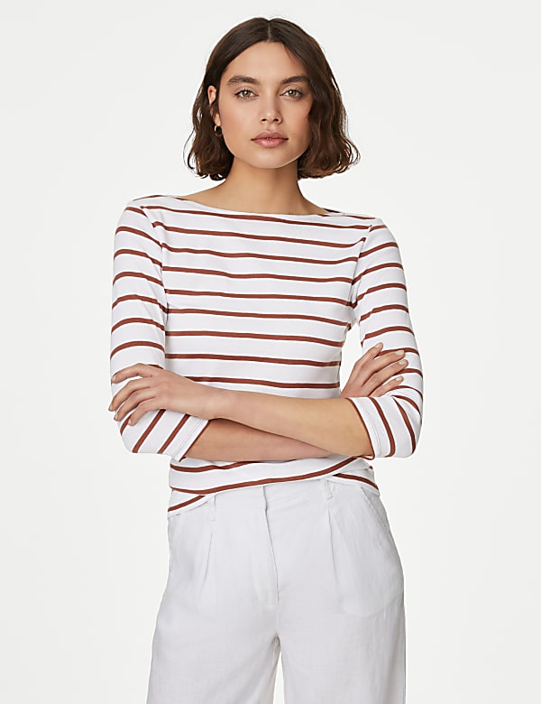 Pure Cotton Striped Slash Neck Slim Fit Top