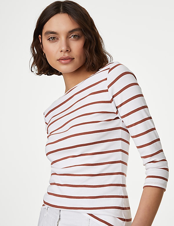 Pure Cotton Striped Slash Neck Slim Fit Top