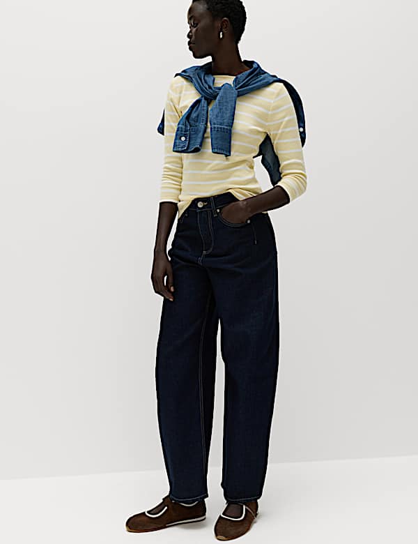 Pure Cotton Striped Slash Neck Slim Fit Top - ES