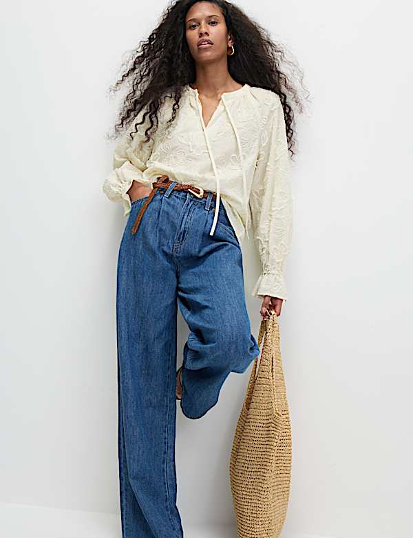 Pure Cotton Appliqué Tie Neck Blouse