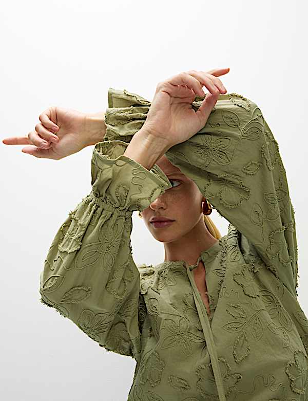 Pure Cotton Appliqué Tie Neck Blouse