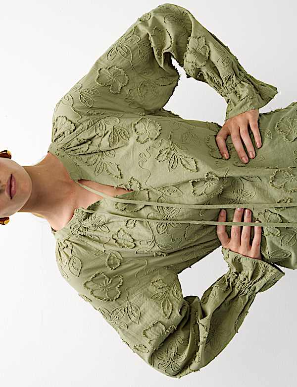 Pure Cotton Appliqué Tie Neck Blouse