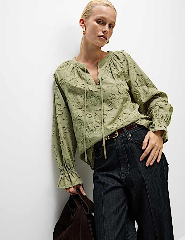 Pure Cotton Appliqué Tie Neck Blouse