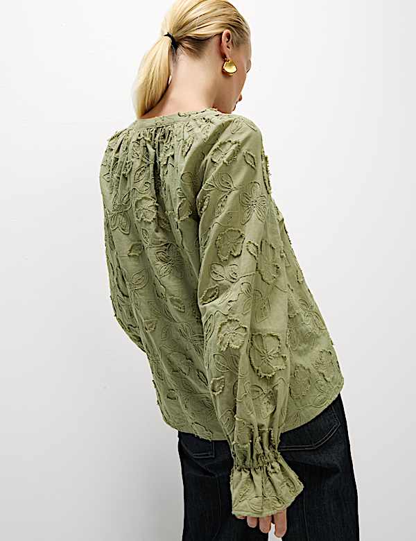 Pure Cotton Appliqué Tie Neck Blouse