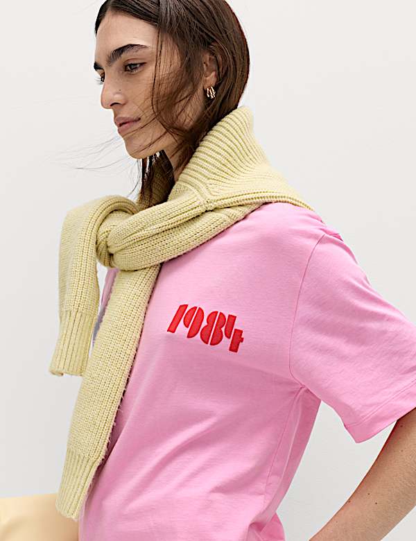 Camiseta maxi con escote cerrado y estampado 100 % algod&oacute;n - US