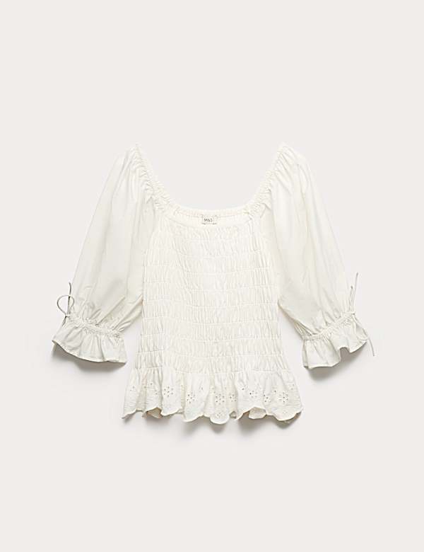 Gesmoktes Oberteil aus reiner Baumwolle mit Puff&auml;rmeln - AT