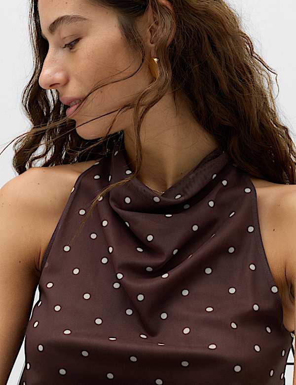 Mesh Polka Dot Cowl Neck Asymmetric Drape Vest - IS