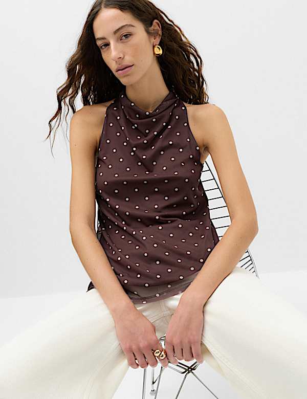 Mesh Polka Dot Cowl Neck Asymmetric Drape Vest - IS