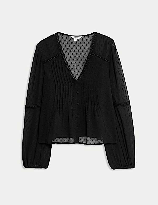 Dobby Textured V-Neck Long Sleeve Blouse - US