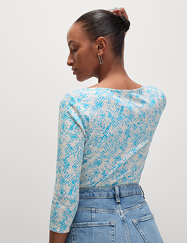 Pure Cotton Printed Slim Fit Slash Neck Top - GR