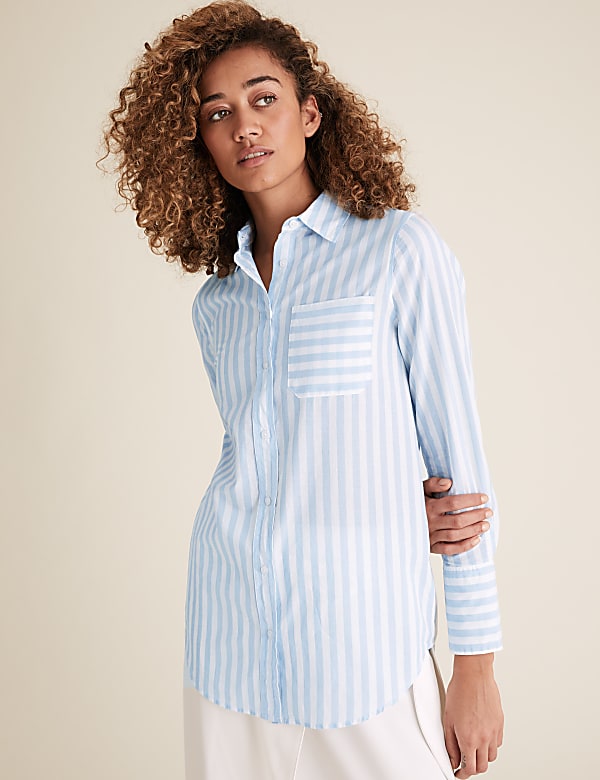 Pure Cotton Striped Longline Shirt - US