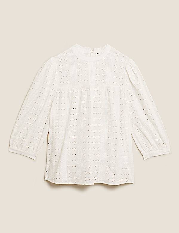 Kurzarmbluse aus reiner Baumwolle mit Lochstickerei - AT