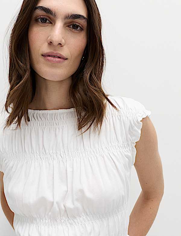 Top 100 % coton &agrave; d&eacute;tail smock&eacute; - FR