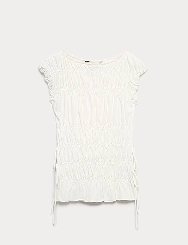 Top 100 % coton &agrave; d&eacute;tail smock&eacute; - FR