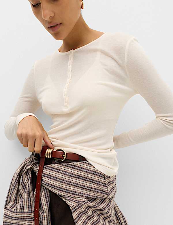 Wool Touch Semi Sheer Layering  Henley Top