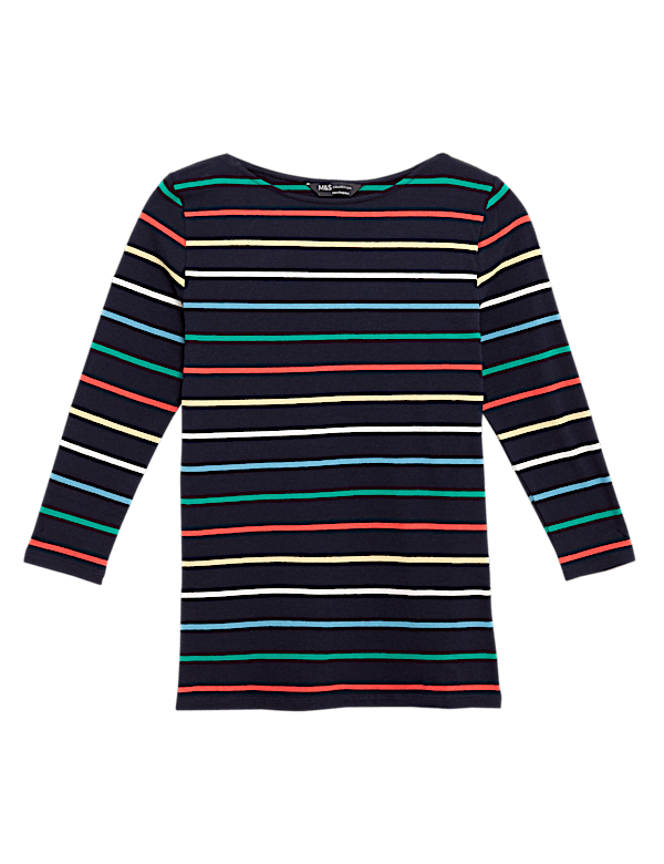 Cotton Striped Slash Neck Fitted Top