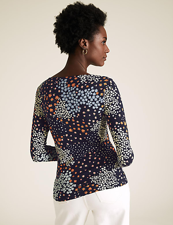 Cotton Floral Slash Neck Fitted Top