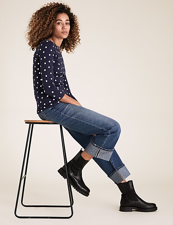 Cotton Polka Dot Slash Neck Fitted Top
