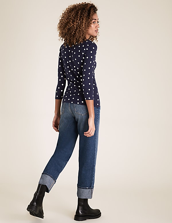 Cotton Polka Dot Slash Neck Fitted Top
