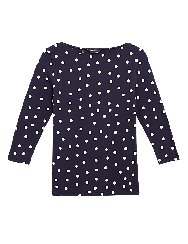 Cotton Polka Dot Slash Neck Fitted Top