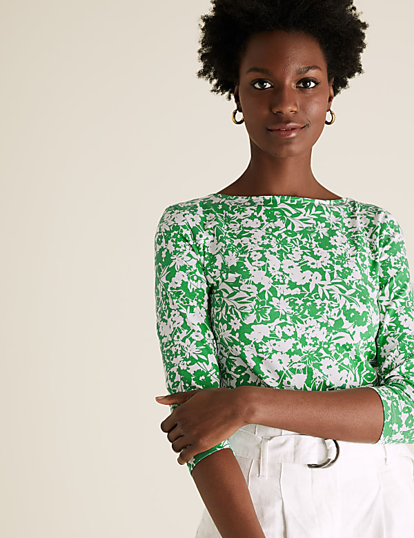 Cotton Rich Printed Slash Neck Fitted Top