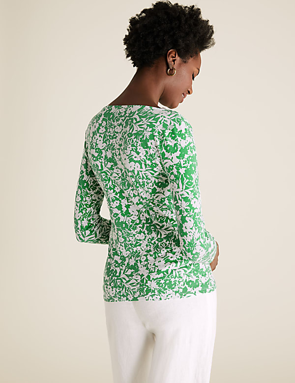 Cotton Rich Printed Slash Neck Fitted Top