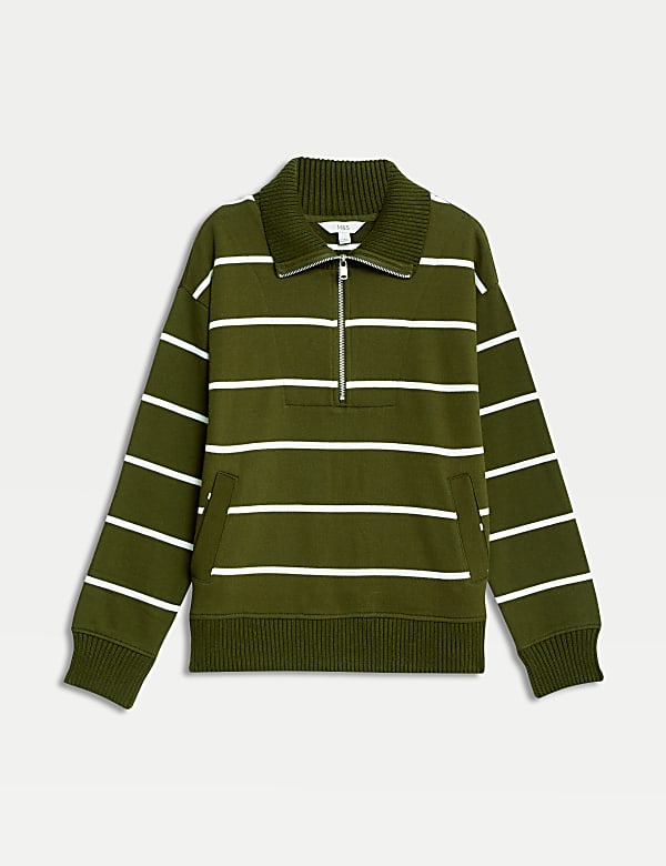 Cotton Rich Striped Half Zip Sweatshirt - TW