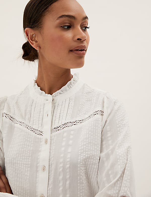 Pure Cotton Lace Insert Pintuck Blouse