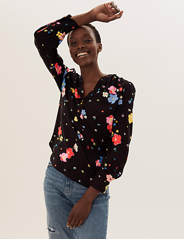 Polka Dot V-Neck Relaxed Long Sleeve Blouse