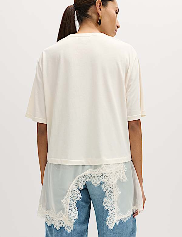 Kaus Oblong Detail Kelim dengan Renda Campuran Katun - ID