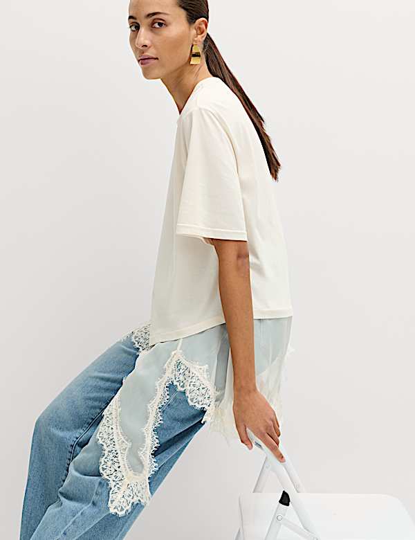 Kaus Oblong Detail Kelim dengan Renda Campuran Katun - ID