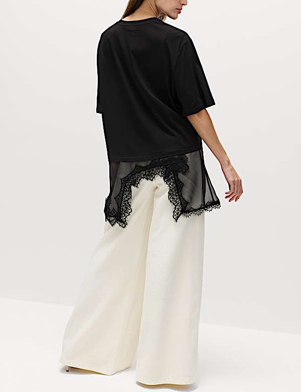 Cotton Blend Lace Hem Detail T-Shirt - US