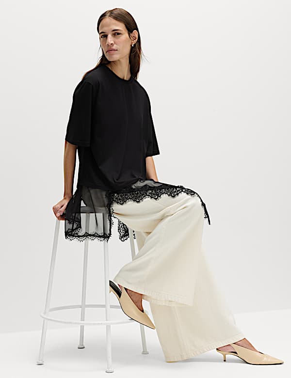 Cotton Blend Lace Hem Detail T-Shirt - US