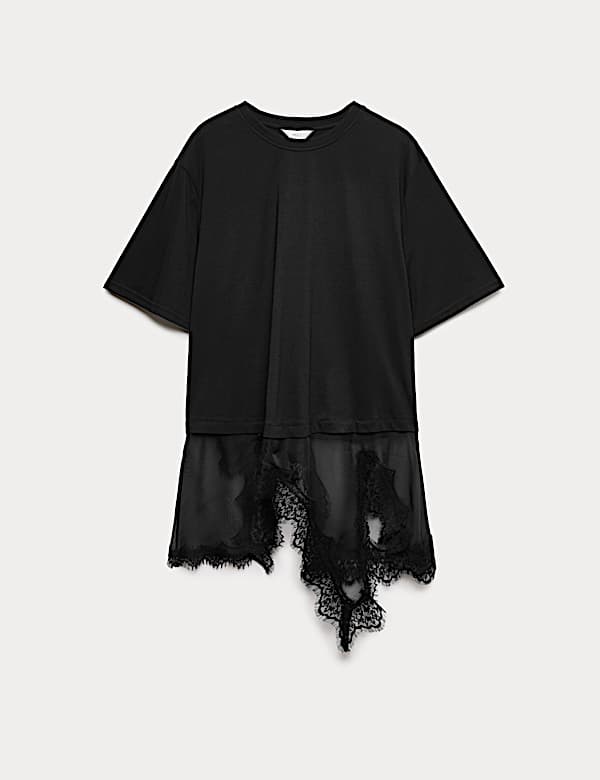 Cotton Blend Lace Hem Detail T-Shirt - US