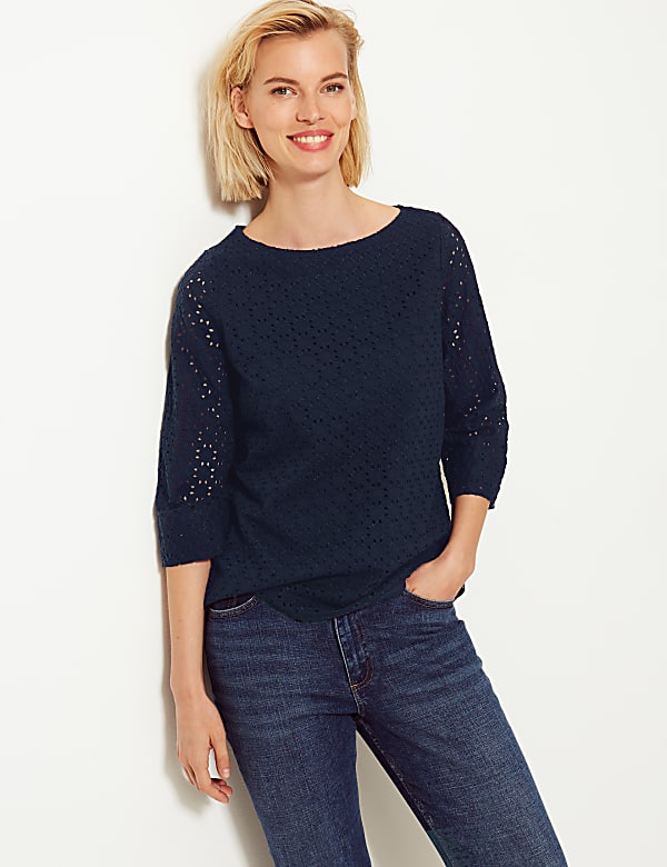 Pure Cotton Lace 3/4 Sleeve Blouse